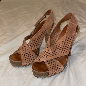 Pedro García Noor Perforated Suede Crisscross Heeled Cork Sandals Heels Brown
